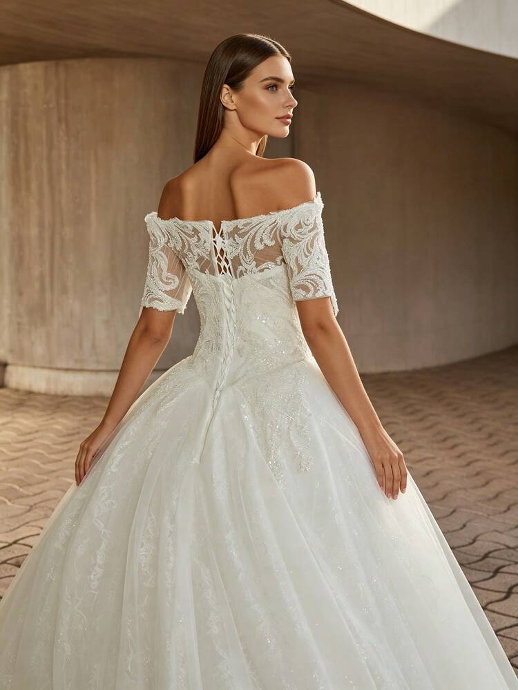 Sparkling Elegant Lace And Beaded Wedding Dress, Suitable For Wedding Guests, Wedding Parties, Music Festivals, All-Season Bridal Gown - Beige - View 7