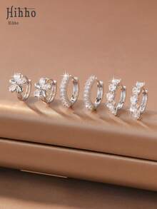 Hihho 6 Stücke/Set Zirkonia Stein Ohrringe Set, Blumen- & Herz-Designs, süßer & lebendiger Stil, beinhaltet Kleeblatt, Cut Out Pavé, minimalistischer Creolen und Kleeblatt Anhänger Stile, dichte Zirkonia Einbettung mit glänzender Oberfläche, geeignet für den täglichen Gebrauch, den Arbeitsweg und leichte gesellige Anlässe - Silber - Übersicht 14