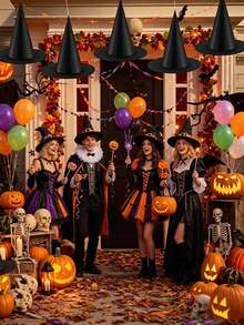 6pcs Halloween Witch Hat Hanging Decorations, 1pc 35m Fishing Line, Halloween Witch Costume Accessories, Halloween Indoor/Outdoor Party Decorations, Halloween Party Decor, Black Pointed Top Hat Decorations, Witch Hat Costume Props, With Fishing Line, Suitable For Indoor/Outdoor Halloween Party Decorations, Durable Weather-Resistant Haunted House And Garden Decorations - Multicolor - View 4