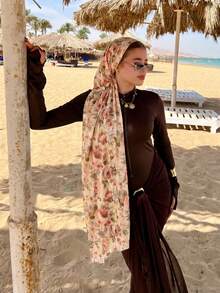 1 chiếc khăn hijab nữ họa tiết hoa phong cách Bohemian, màu nước, vân đá, sóng nước, nhuộm tie-dye, phù hợp mặc hàng ngày - Màu Khaki - Xem 6