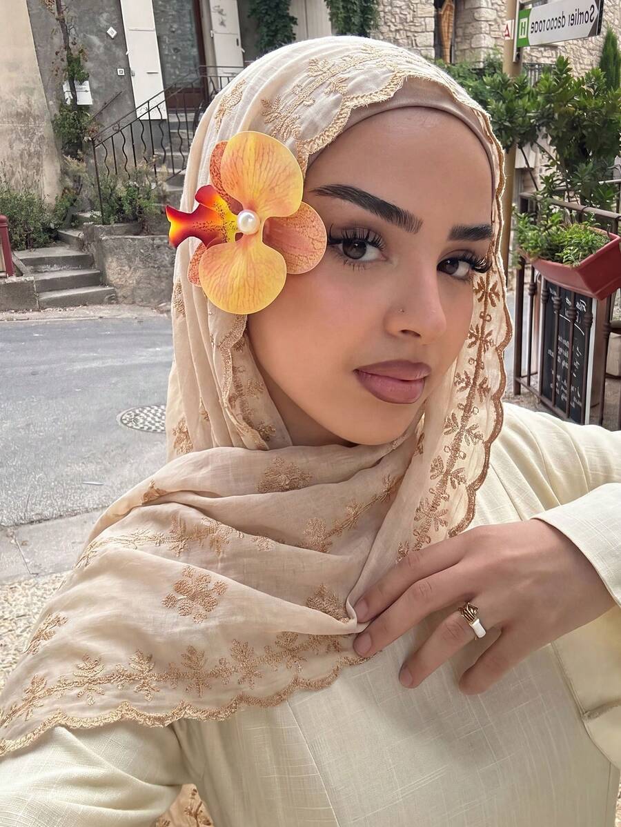 1 pieza Pañuelo de cabeza bohemio con bordado floral pesado para mujer, hijab de lujo y moda, adecuado para celebraciones importantes de días festivos - Camel - Ver 1