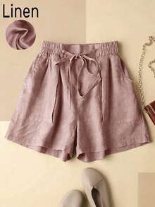 Plus Size Women's Spring/Summer Casual Vacation Linen Stand Pocket Elastic Waist A-Line Shorts Pink - Pink - View 1