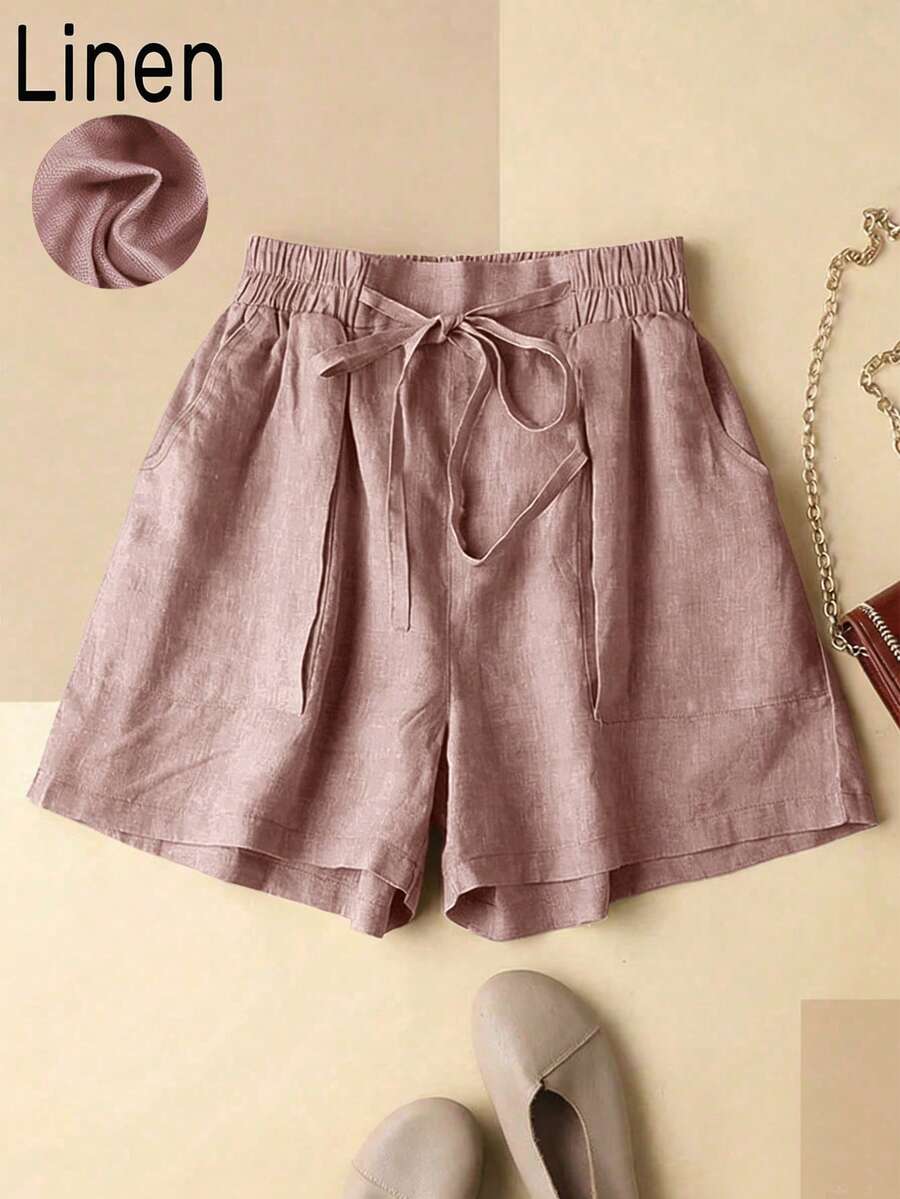 Plus Size Women's Spring/Summer Casual Vacation Linen Stand Pocket Elastic Waist A-Line Shorts Pink - Pink - View 1