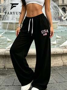 Women's European & American Style High Waist Wide Leg Drawstring Sweatpants With USA Print, Slimming Versatile Casual Sports Long Pants For All Seasons - Black - View 2