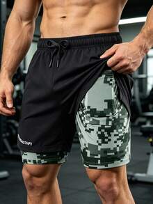 Shorts Esportivos 2 em 1 com Forro Camuflado para Homens, Shorts de Corrida e Fitness com Bolso para Celular e Cordão na Cintura, Shorts de Treinamento Atlético - Preto - View 5