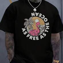 Retro Casual Street Style Men's T-Shirt With Flamingo, Palm Tree, And Ocean Print. Made Of 180g Pure Cotton With A Crew Neck. Perfect For Summer Beach Outfits. - Black - View 2