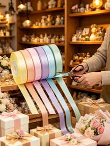 6件裝混色3/8英吋寬高級雙面緞面絲帶，適用於婚禮禮品包裝、新娘派對裝飾、花束DIY手工藝 - 查看 5
