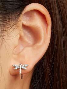 1 Pair Beautiful Dragonfly Shaped Cubic Zirconia Stud Earrings, Suitable For Women To Wear, Can Be Used For Weddings, Engagements, Anniversaries, Valentine's Day And Other Occasions - Silver - View 5
