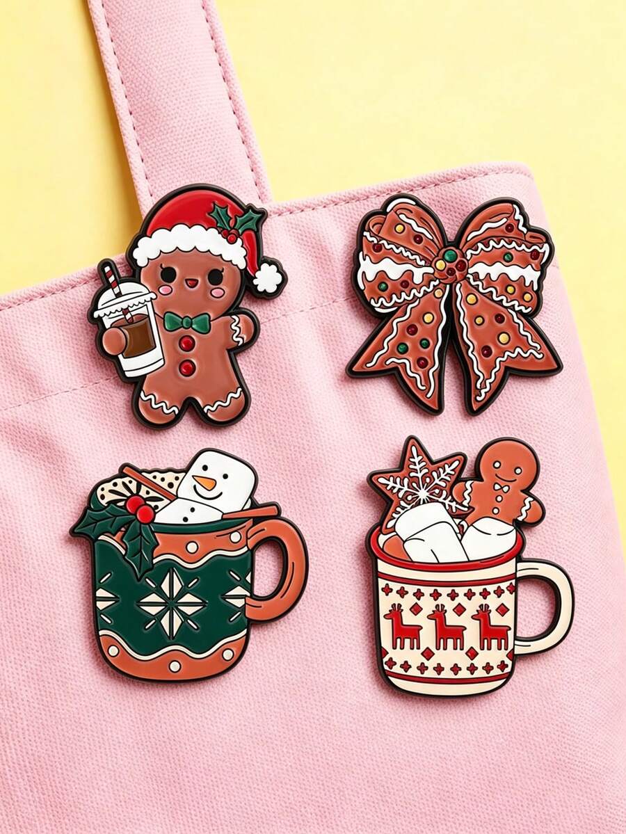 4pcs/Set Cute Cartoon Multi-Style Christmas Metal Brooches For Women, Work As Bag Pins And Clothing Accessories, Versatile For Daily Wear. - Multicolor - View 1