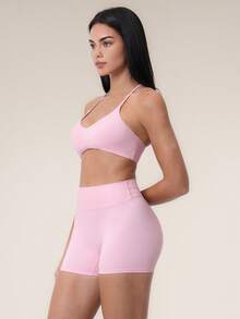 TimeOff 2pcs Women's Fitness Set, Halter V-Neck Y-Back Sports Bra + High Waist V-Stitch Shorts - Pink - View 9