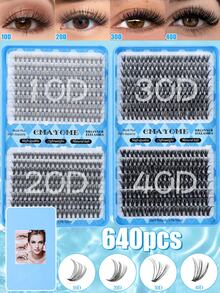 640/592入混裝D捲 10D-100D 黑色合成假睫毛，大號卡通風格包裝盒，耐用，適用於日常、派對、婚禮和節日妝容，含膠水、鑷子、刷子，便攜包裝，適合初學者 - 彩色 - 查看 13