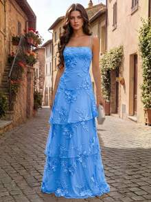 Women's Solid Color Spaghetti Strap Back Tie Embroidered Multi-Layer Long Dress, Perfect For Birthday Parties, Proms And Formal Dinners - Blue - View 1