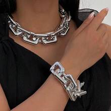 1 Set Women's Fashion Vintage Minimalist Metal Flat Cuban Chain Necklace & Bracelet Set, Perfect For Daily Wear, Weddings, Brides, Parties And Celebrations - Silver - View 2