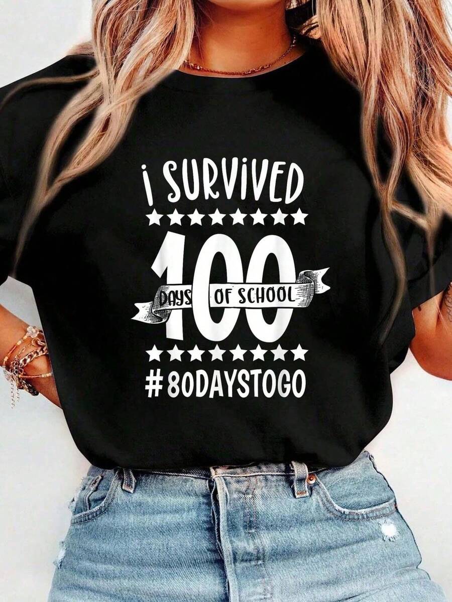 100th Day Of School T-Shirt For Girls, Boys, Teachers And Adults, Casual Short-Sleeved T-Shirt For Women For Spring And Summer, Graphic T-Shirts For Women - 黑色 - 查看 1