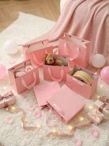 Mini Pink Rope Handle Paper Gift Bags, Suitable For Business, Wedding, Birthday Party Gift Packaging And Shopping Bags, Size 3.9 X 4.7 X 2.4 Inches (10 X 12 X 6 Cm) - Multicolor - View 5