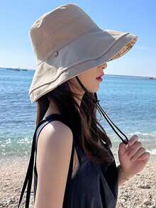 女款雙面花卉印花防曬漁夫帽，夏季防紫外線防風寬帽簷全臉遮陽帽 [無繩] - 顏色 - 查看 5