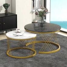 (WF300416AAA) Set Of 2 Modern Nesting Coffee Tables, Marble Veneer, Nesting Style, Round, With Gold Frame. - Grey - View 4