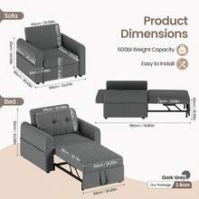 Single Sofa Bed, Convertible Linen Sleeper Sofa Chair With Storage Pockets, 3 Adjustable Backrest, 3-In-1 Pull Out Sofa Bed For Living Room, Bedroom, Dark Grey - Dark Grey - View 2