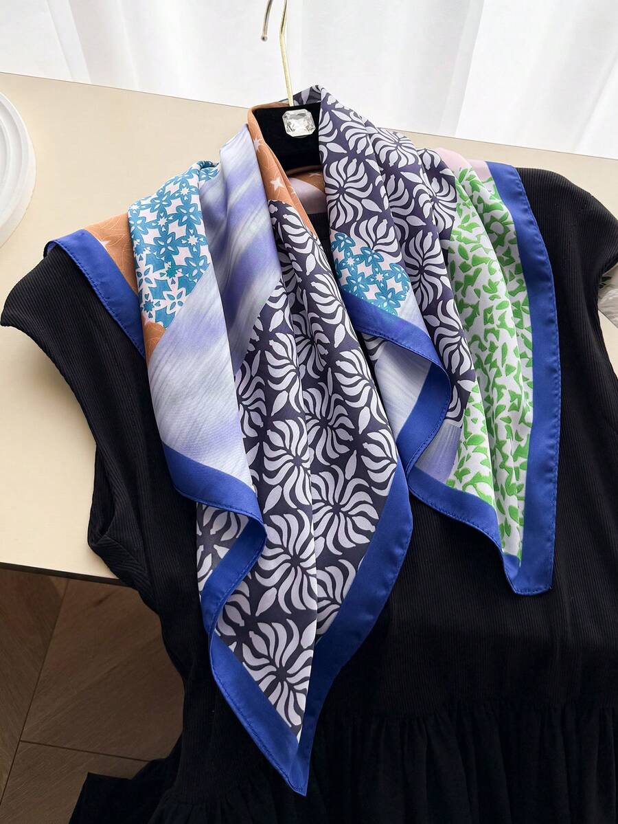 1件女款優雅復古印花薄綢緞正方形仿絲巾,波希米亞風格女款圍巾、披肩,輕盈舒適女款頭巾 - 彩色 - 查看 1
