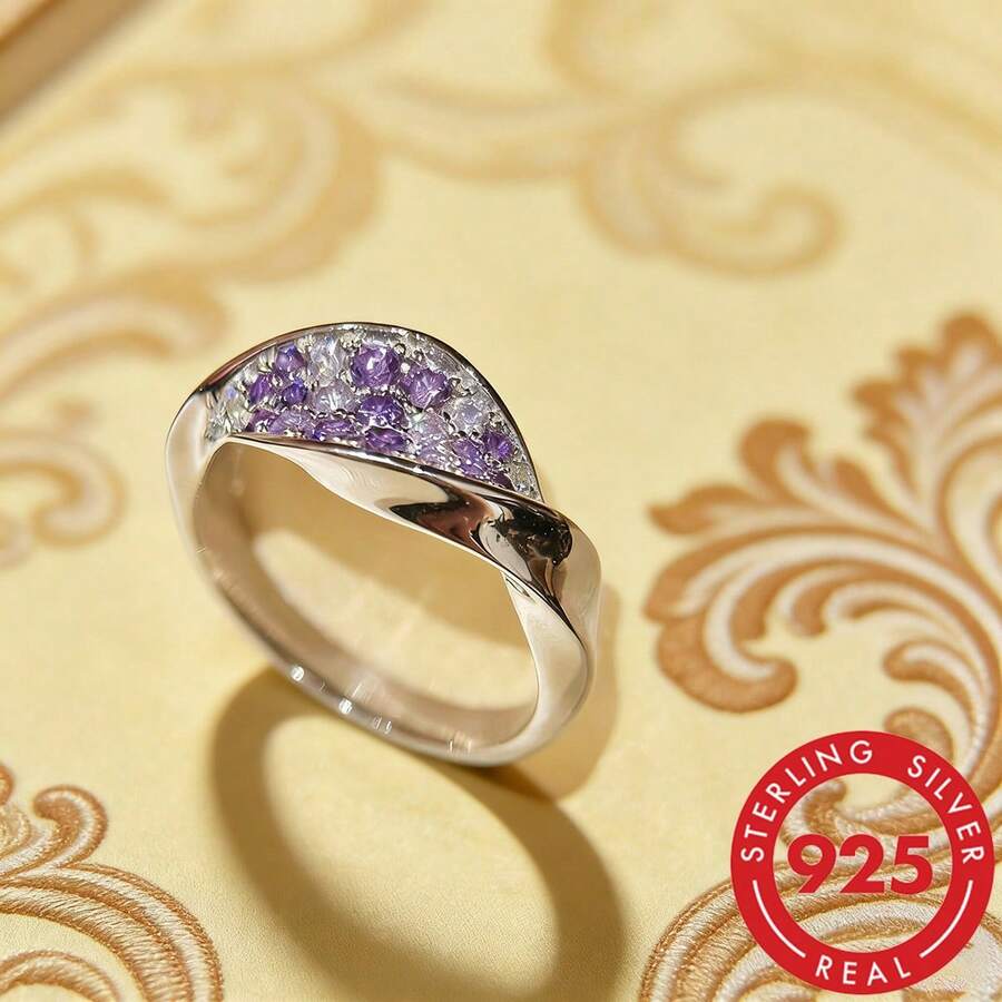 1 pieza Anillo de plata S925 con diseño de labios con nudo púrpura y circonita sintética, banda ajustable y abierta, joyería elegante y grácil para uso diario de mujeres - Plateado - Ver 1