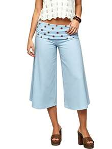 Fold Over Wide Leg Capri Pants For Women Low Rise Lounge Yoga Flare Culottes Y2k Flowy Crop Palazzo Pants - 淺藍色 - 查看 8