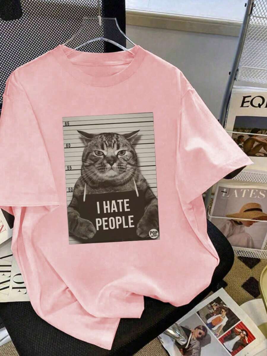 Camiseta casual de manga corta con cuello redondo y estampado de gato divertido para mujer, camiseta de verano casual y de estilo callejero para mujer, camiseta linda de color negro - Gris - Ver 1