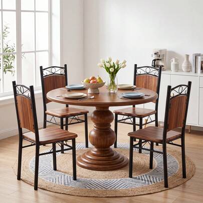 Set di 4 sedie da cucina e da pranzo marroni, schienale in legno, gambe in metallo, stile classico