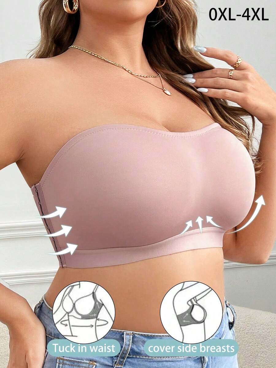 Plus Size Women Side Button Bra, Soft & Comfortable Wireless Bandeau Bra - Apricot - View 1