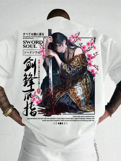 Star Swordsman, T-shirt de sport décontracté américain pour hommes, style bande dessinée/anime avec imprimé Sakura Samurai, style Y2K, cadeau pour la fête des pères, entrepôt local livraison gratuite
