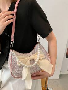 Women's Fashion Pearl Chain Handbag & Shoulder Bag - Pink - View 6