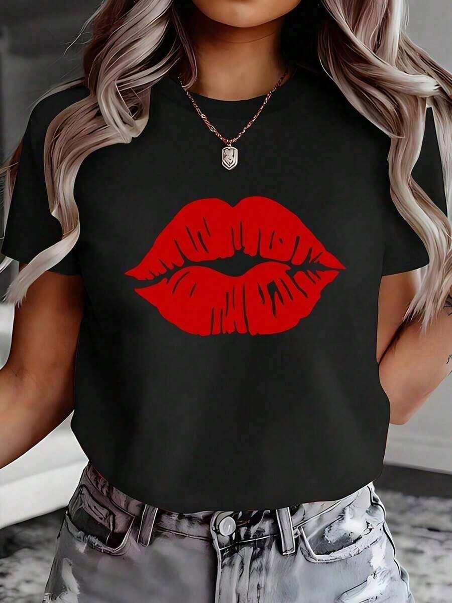 1 pieza Camisetas estilo Y2K, lindo holgado manga corta elástico, gráfico 2026 para todos los días, ligero - Negro - Ver 1