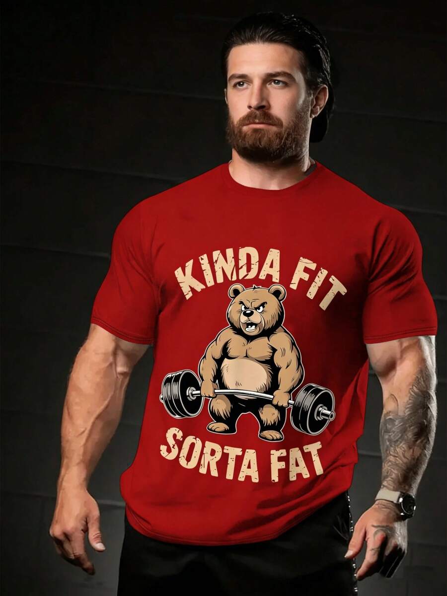 Weightlifting T-Shirt With Bear Design, Fitness, Slightly Fitted And Slightly Humorous - Vintage Gym T-Shirt With Bear Design, Slogan Print - Red - View 1