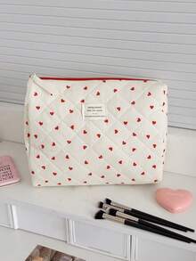 Red Heart Print Quilted Makeup Bag, 3 Sizes Portable Handheld Cosmetic Storage Bag, Large Capacity Travel Toiletry Organizer - Multicolor - View 4