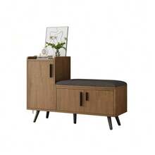 Banco zapatero/mueble de almacenamiento de zapatos moderno con tres puertas de almacenamiento, tiradores metálicos asimétricos y múltiples niveles de almacenamiento - Dimensiones: Ancho 100/Profundidad 34/Alto 69 cm (Referencia anterior N657P192524N) - Color natural - Ver 3