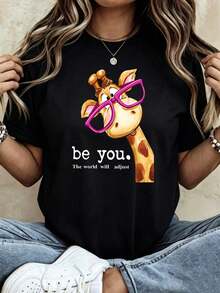 Camiseta casual de verano para mujer con estampado de jirafa con gafas "S← t, el mundo se ustar£", regalo para ella - Negro - Ver 2