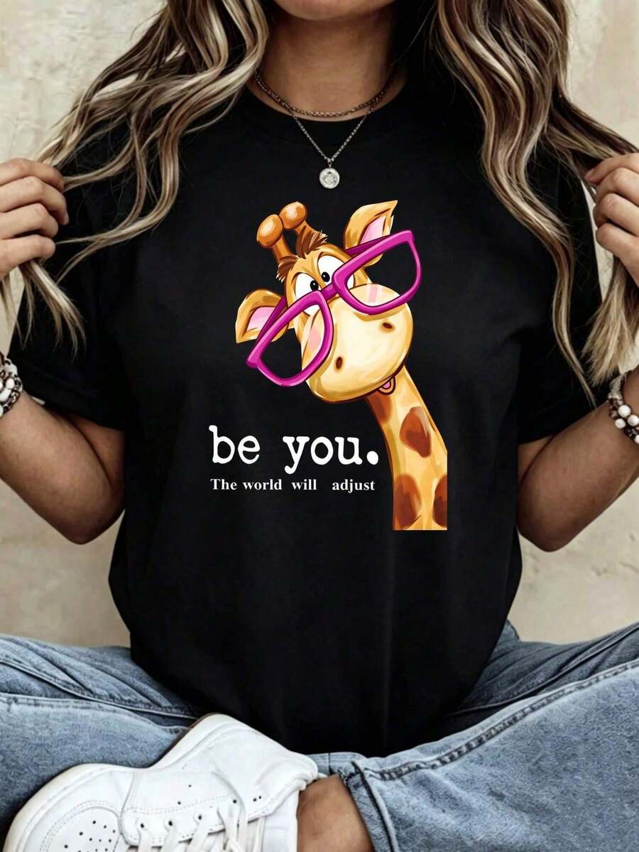 Camiseta casual de verano para mujer con estampado de jirafa con gafas "S￩ t￺, el mundo se ustar£", regalo para ella