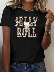Women's Casual T-Shirt With "Jelly Roll" Text And Bull Skull Print For Everyday Wear - 220g - 黑色 - 查看 1