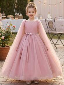 Tween Girl Pink Long Gown Dress With Sheer Cape, Flower Girl Dress For Wedding, Birthday Party - Pink - View 7
