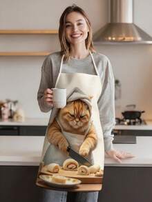 1 pieza, Delantal de poliéster con estampado de gatitos, pandas y hámsters lindos, perfecto para cocinar, hornear y jardinería – ideal para usar en la cocina y el comedor. - Multicolor - Ver 5