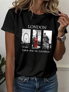 1 Stk. lässiges, süßes T-Shirt aus 100 % Baumwolle mit Grafik, Vintage-London-Berühmte-Gebäude-Zitat-Print, Damen-Sommer-Oberteil für Urlaub und Teeparty - Schwarz - Übersicht 1