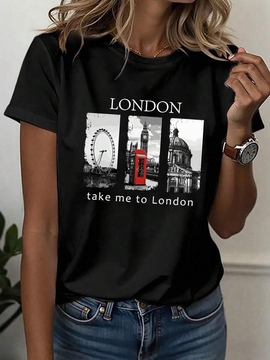 1 Stk. lässiges, süßes T-Shirt aus 100 % Baumwolle mit Grafik, Vintage-London-Berühmte-Gebäude-Zitat-Print, Damen-Sommer-Oberteil für Urlaub und Teeparty - Schwarz - Übersicht 1