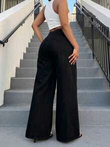 Women's Vintage Wide Leg Denim Pants, Casual Style - Black - View 2