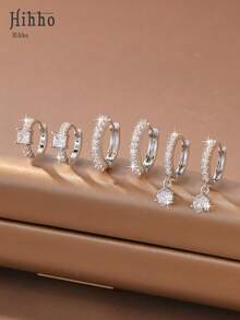 Hihho 6pcs/Set Zirconia Stone Earring Set, Floral & Heart Designs, Sweet & Lively Style, Includes Clover, Hollow Pave, Minimalist Hoop, And Clover Pendant Styles, Suitable For Daily, Work, And Light Social Occasions - Silver - View 12