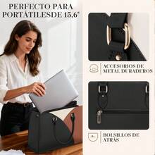 Women's Waterproof Tricolor PU Leather Office Tote Bag, Fits 15.6" Laptop, Detachable Strap, Stylish Design, Ideal For Office, Meetings, Shopping, Air Travel And Everyday Use - 黑色 - 查看 5
