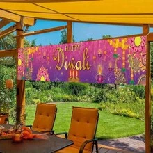 Ein 2D flaches 1-farbiges Diwali-Banner aus Polyester, dekoratives Zaunbanner und Flagge. Geeignet für Diwali-Feiern, Outdoor-Rasen und Wanddekoration sowie Outdoor- und Indoor-Partybedarf für Festival-Feiern. - A - Übersicht 4