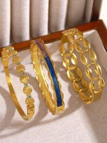 1 Stück Western-Stil charmantes dickes Premium 304 Edelstahl Blumen-Emaille-Textur stapelbares Armband-Set, rostfreies Damen-Schmuck-Gold-Accessoire-Set, geeignet für Alltag, Hochzeit, Party, Feiertagsgeschenk - Goldgelb - Übersicht 7