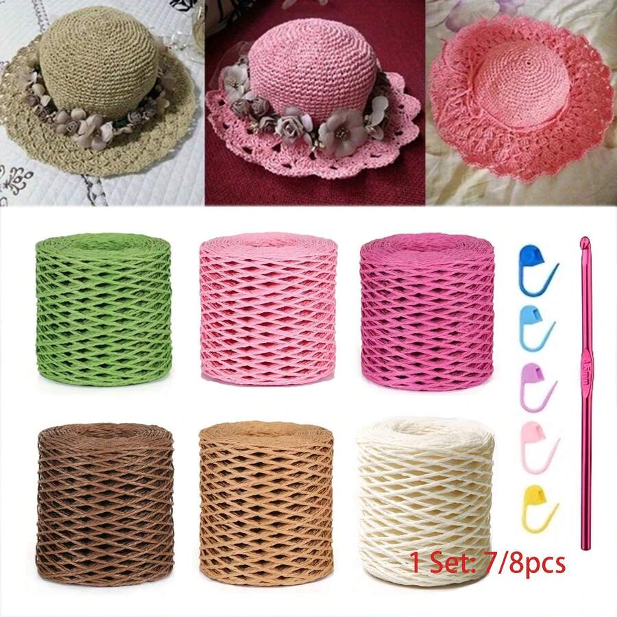 1 set 7/8 st högkvalitativt raffiagarn i halmpapper – naturfiber för makramé, virkning, smyckestillverkning, handstickning, sommarhattar, korgar, presentinslagning och mer – tvinnat snöre i olika färger, virkgarn - Flerfärgad - Visa 1