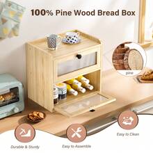 Bread Bin Wooden Bread Storage Box For Kitchen, Countertop Double Decker Bread Box Keep Bread Storage Fresh With Clear Acrylic Windows (Wood) - A - View 6