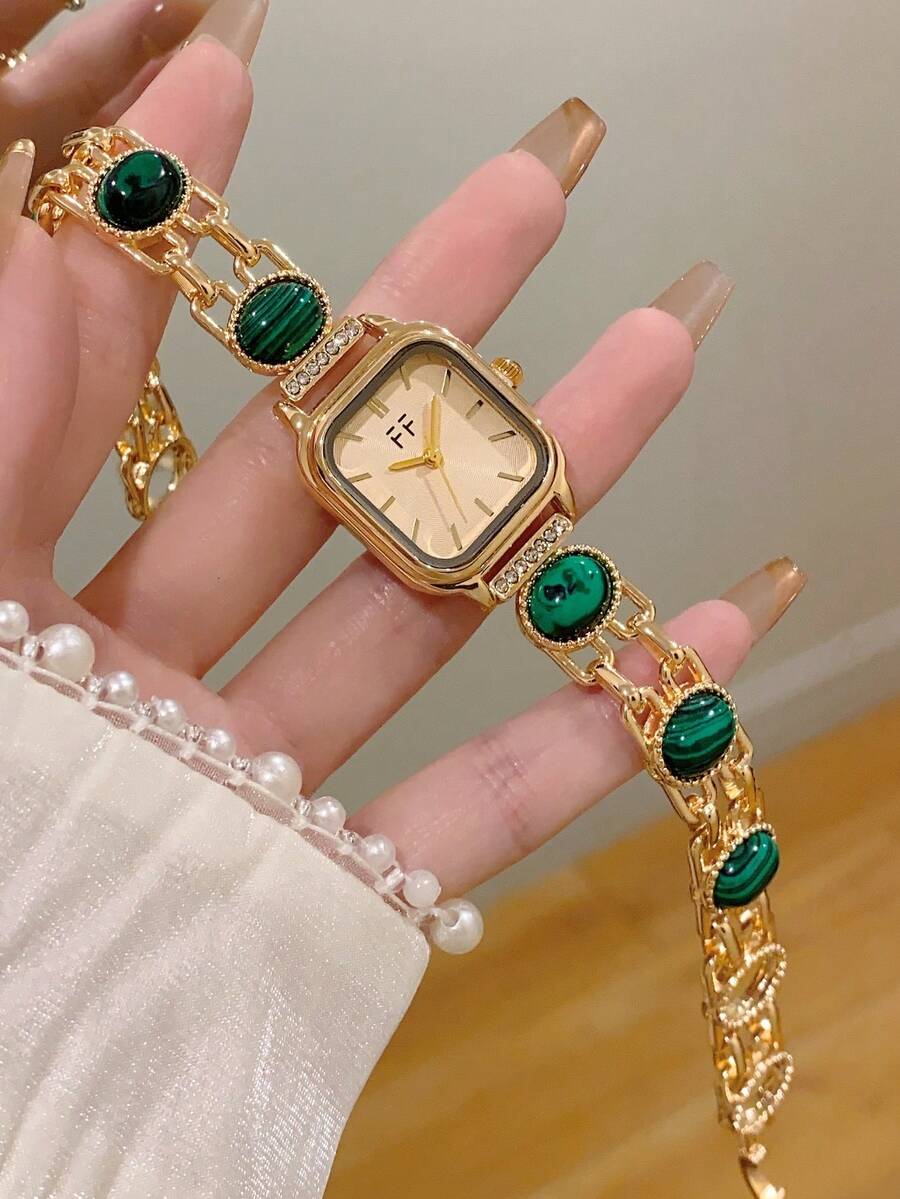 1 pieza Reloj de pulsera para mujer Dorado/Verde, estilo minimalista nuevo con esfera pequeña, elegante y versátil, reloj de cuarzo, adecuado para uso diario/fiestas - Dorado - Ver 1