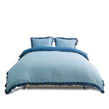 VELVETIO Luxury Kendrick Frill Duvet Cover Set Reversible Bedding Set Soft Smooth Lightweight Microfiber Polyester With Matching Pillow Cases Elegant Ruffle Edge Plain Design Single Double King - Blue/Denim Blue - View 8
